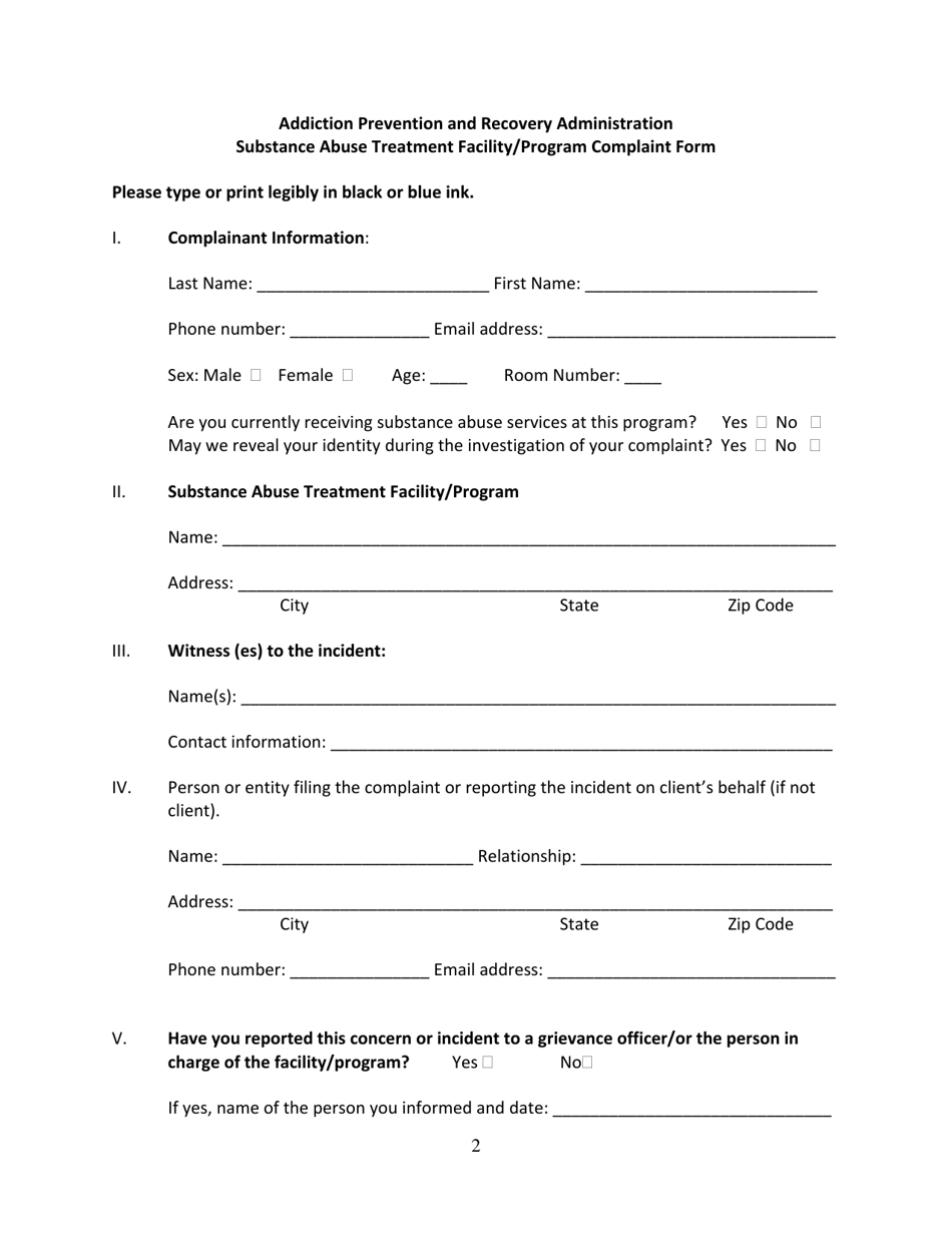 Addiction Prevention and Recovery Administration Substance Abuse Treatment Facility / Program Complaint Form - Washington, D.C., Page 2