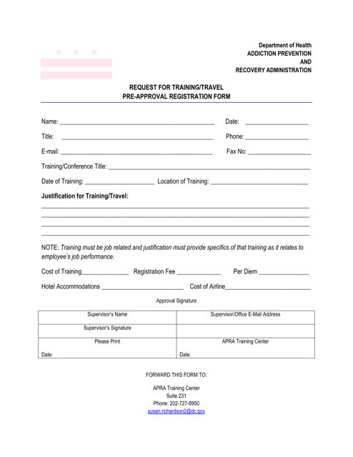 Request for Training / Travel Pre-approval Registration Form - Washington, D.C. Download Pdf