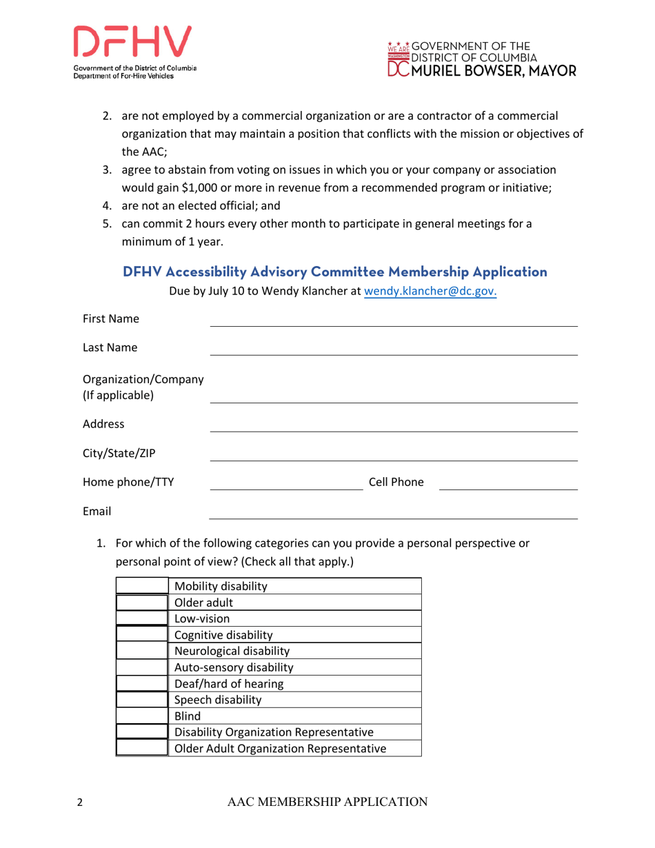 Dfhv Accessibility Advisory Committee Membership Application - Washington, D.C., Page 2