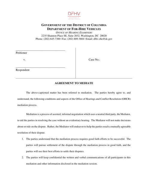 Agreement to Mediate - Washington, D.C. Download Pdf