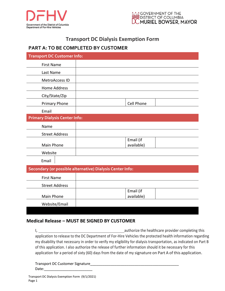 Transport Dc Dialysis Exemption Form - Washington, D.C., Page 1