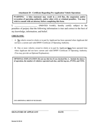 Attachment 20 &quot;Certificate Regarding Pre-application Vehicle Operations&quot; - Washington, D.C.