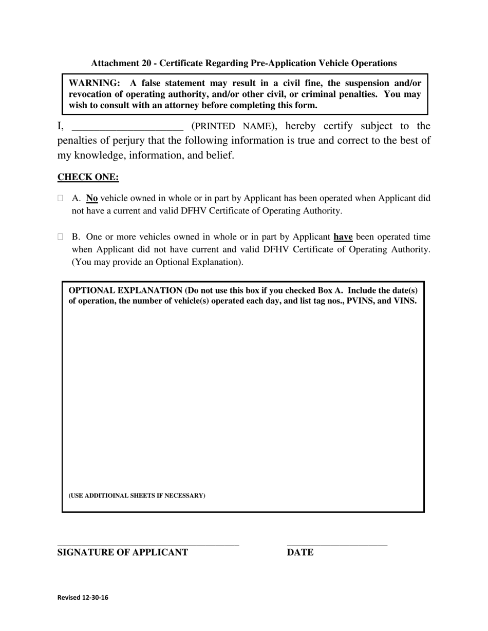 Attachment 20 Certificate Regarding Pre-application Vehicle Operations - Washington, D.C., Page 1