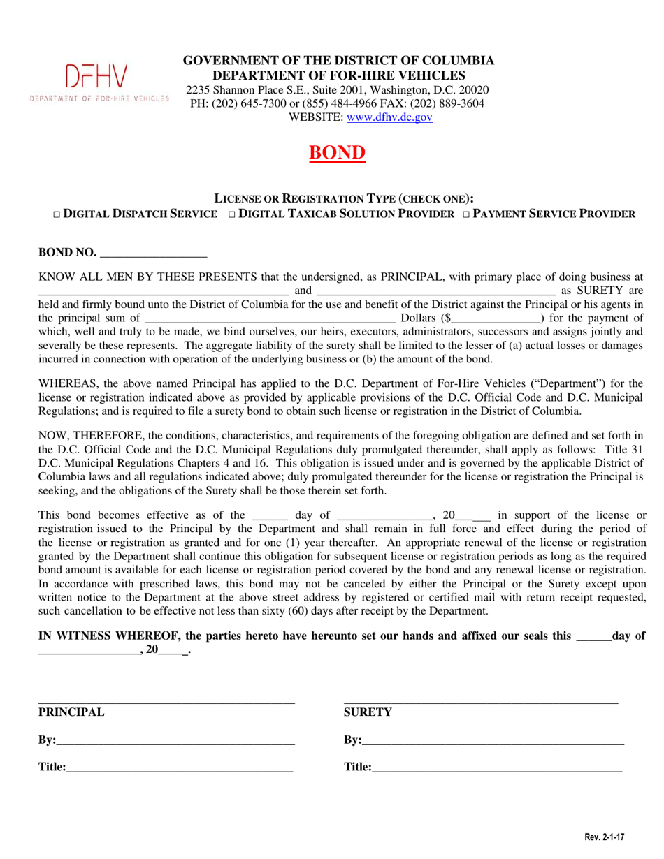 Bond Form for Digital Dispatch Service, Digital Taxicab Solution Provider or Payment Service Provider - Washington, D.C., Page 1