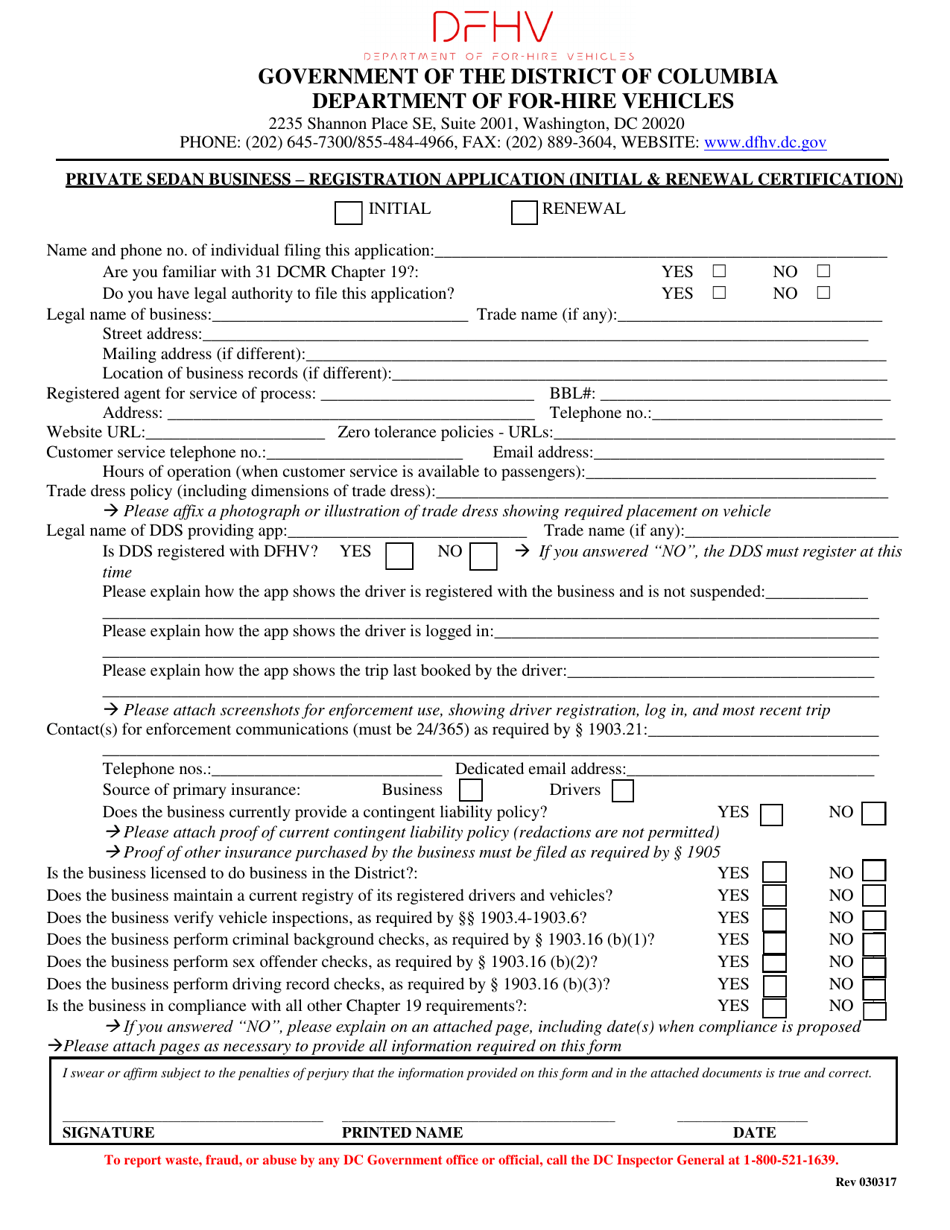 Private Sedan Business - Registration Application (Initial  Renewal Certification) - Washington, D.C., Page 1