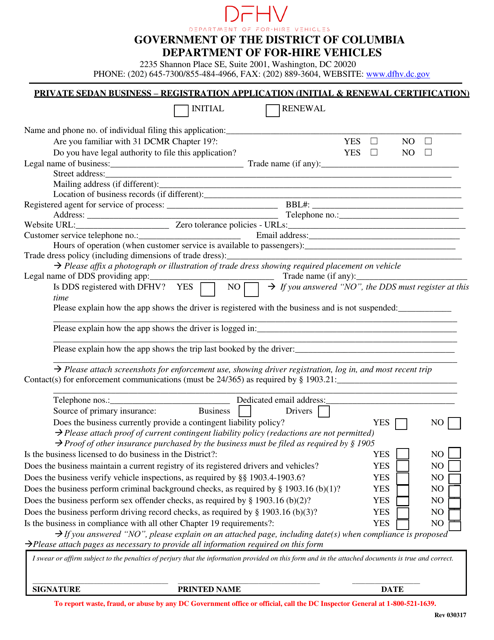 Document preview: Private Sedan Business - Registration Application (Initial & Renewal Certification) - Washington, D.C.