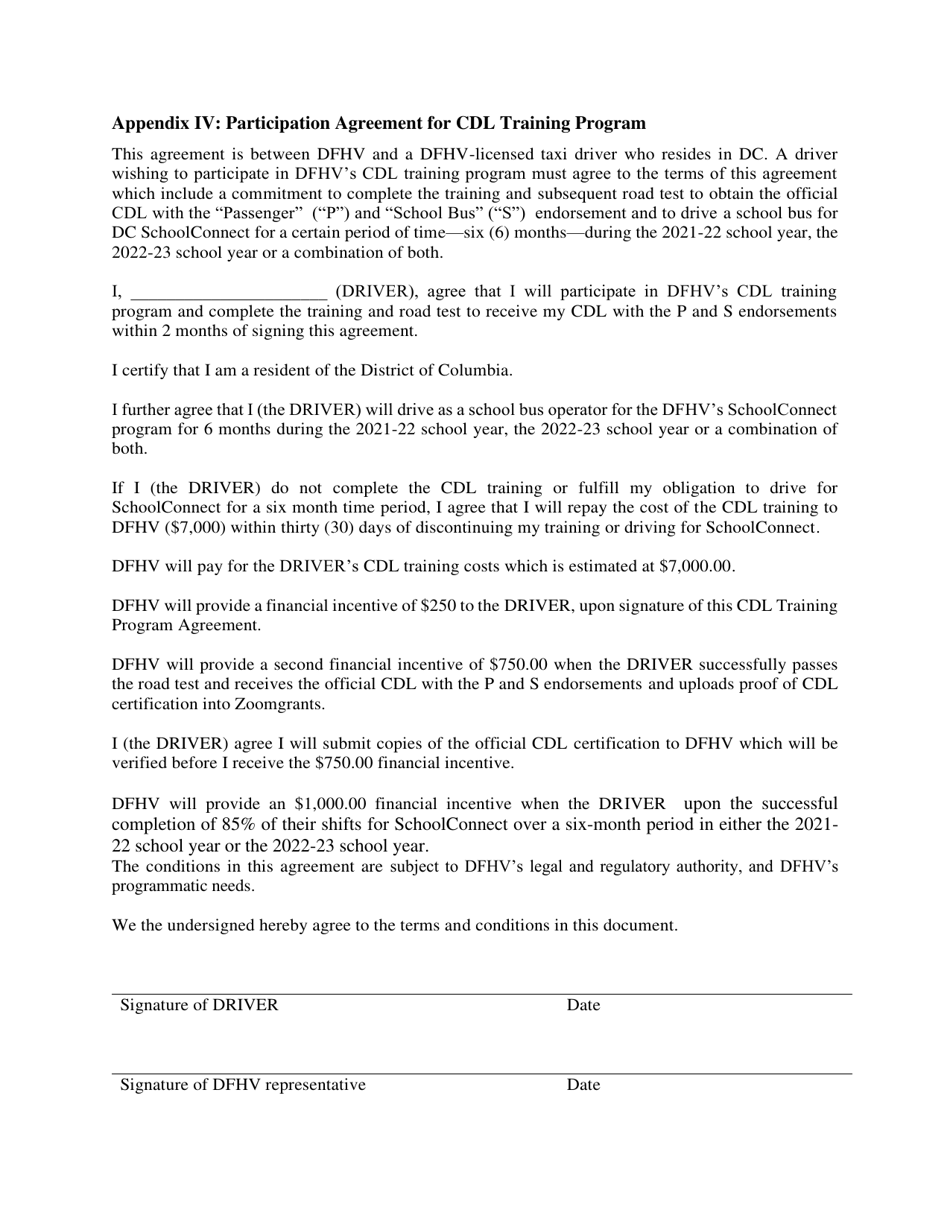 Appendix IV Participation Agreement for Cdl Training Program - Washington, D.C., Page 1