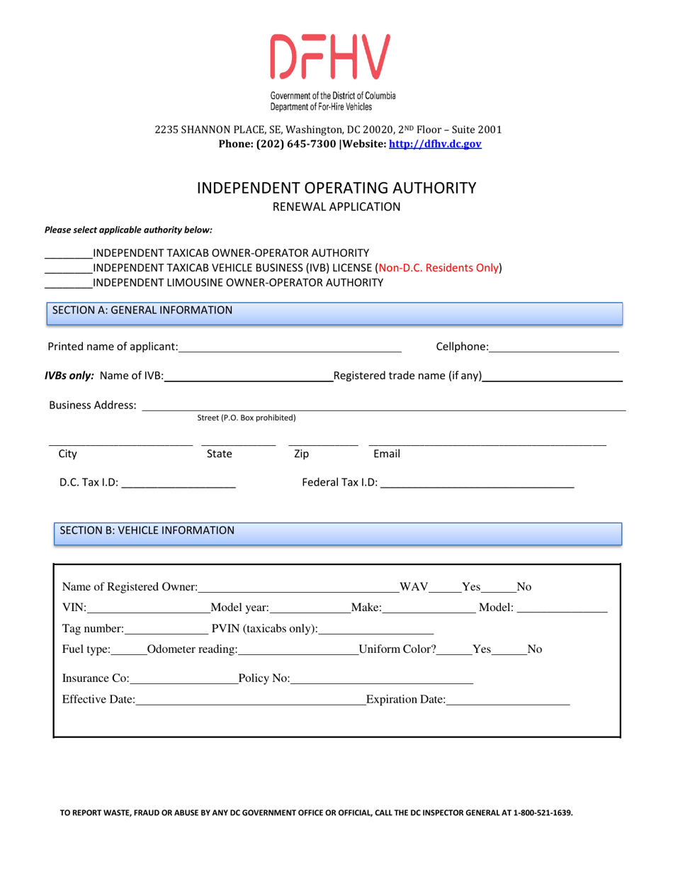 Independent Operating Authority Renewal Application - Washington, D.C., Page 1