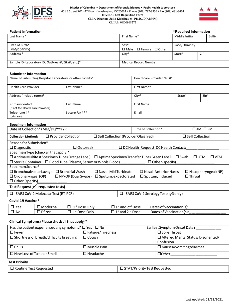 Covid-19 Test Requisition Form - Washington, D.C., Page 1
