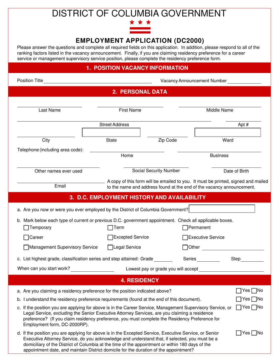 Form DC2000 Employment Application - Washington, D.C., Page 1