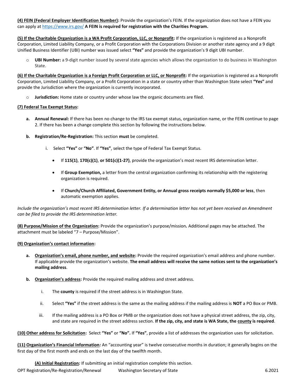 Charitable Organization Optional Initial Registration / Re-registration / Annual Renewal - Washington, Page 2