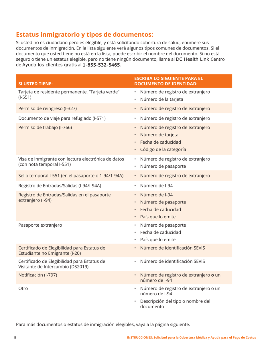 Solicitud Para La Cobertura De Salud Y Ayuda Para El Pago De Costos - Washington, D.C. (Spanish), Page 20