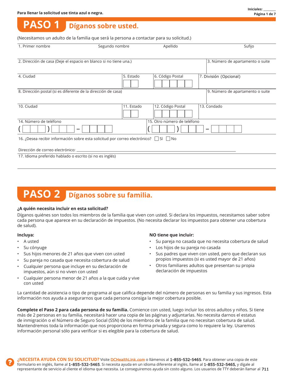 Solicitud Para La Cobertura De Salud Y Ayuda Para El Pago De Costos - Washington, D.C. (Spanish), Page 2