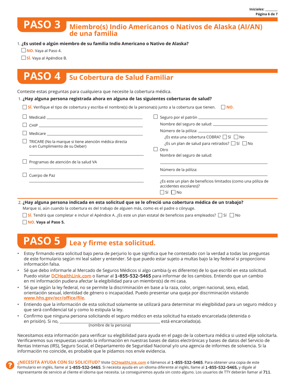 Solicitud Para La Cobertura De Salud Y Ayuda Para El Pago De Costos - Washington, D.C. (Spanish), Page 7