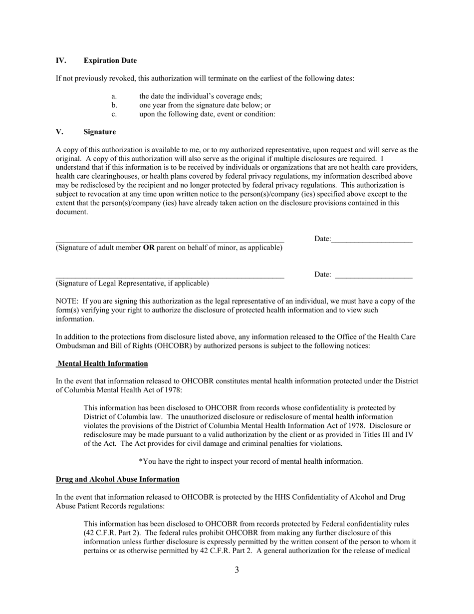 Authorization for Use and Disclosure of Private / Protected Health Information - Washington, D.C., Page 3