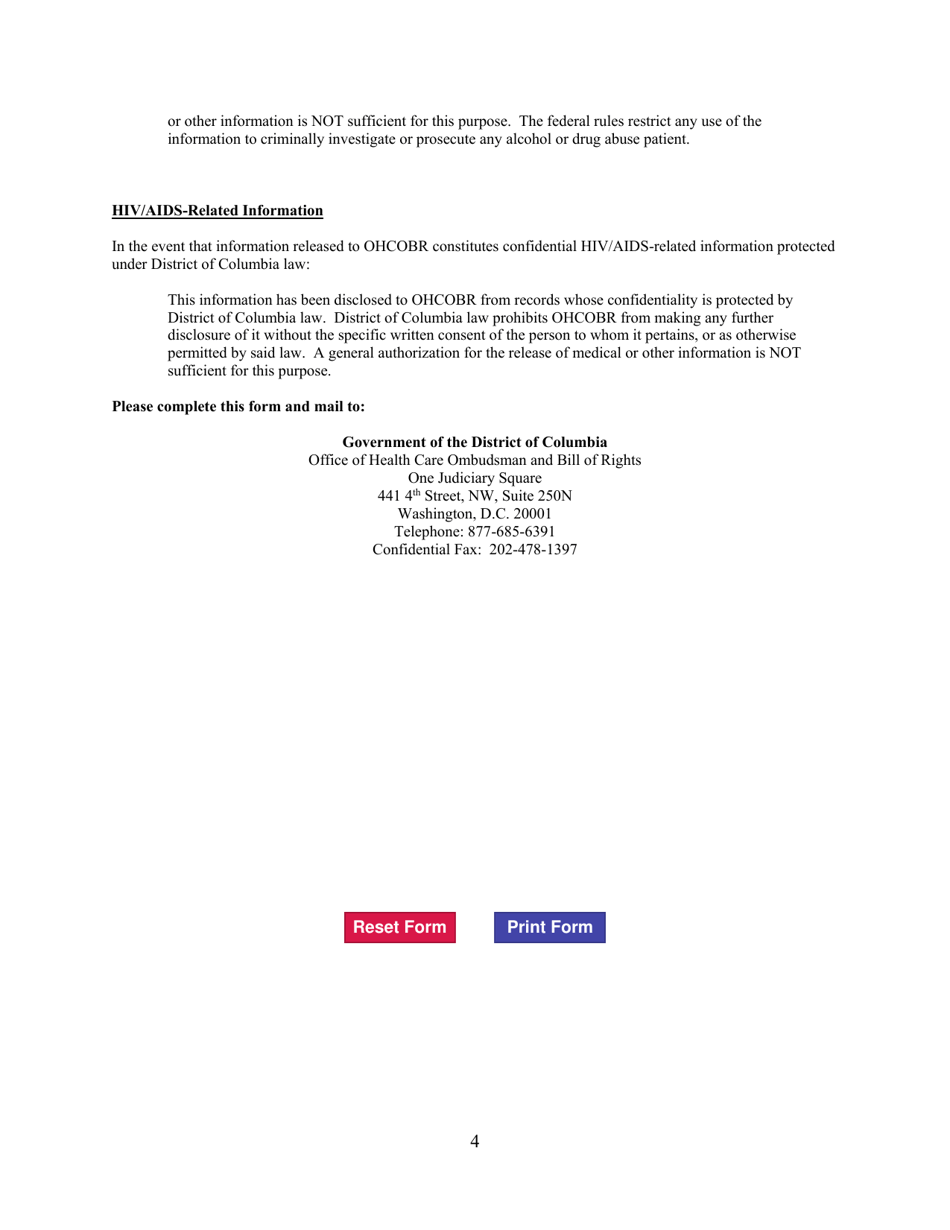 Authorization for Use and Disclosure of Private / Protected Health Information - Washington, D.C., Page 4