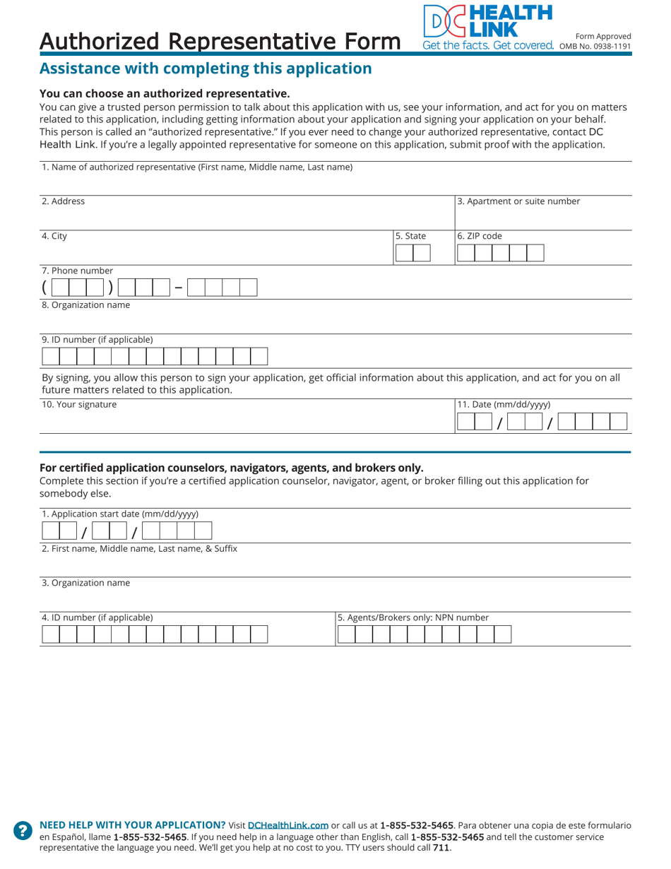 Authorized Representative Form - Washington, D.C., Page 1