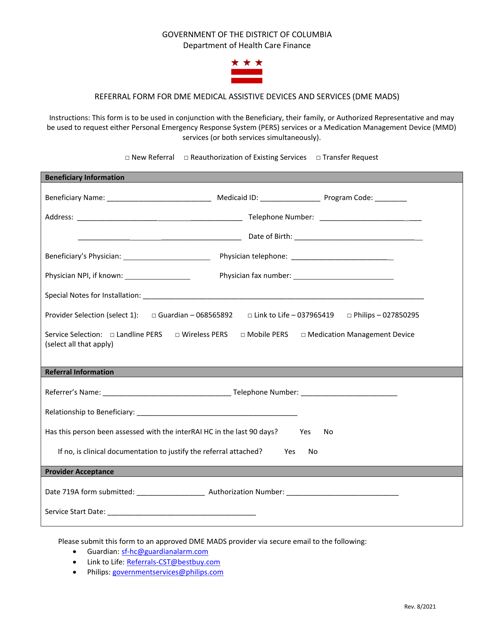 Referral Form for Dme Medical Assistive Devices and Services (Dme Mads) - Washington, D.C. Download Pdf