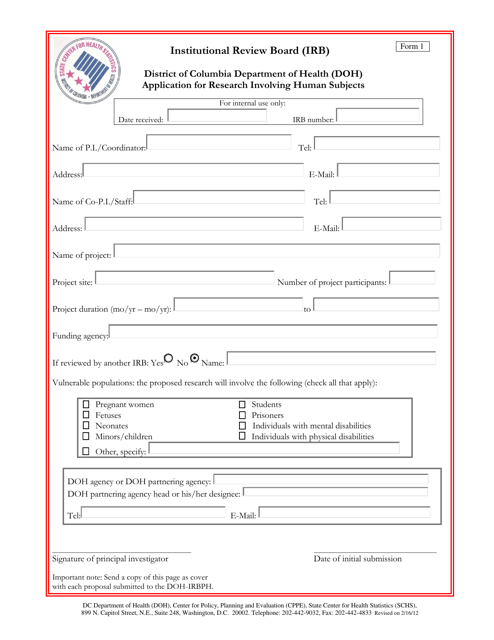 Form 1 Application for Research Involving Human Subjects - Washington, D.C.
