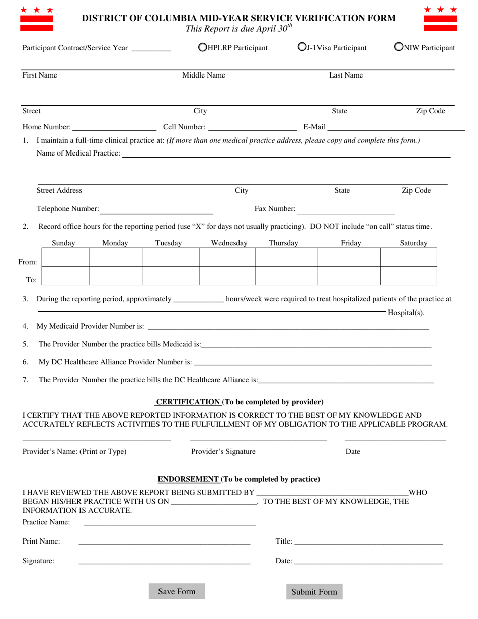 District of Columbia Mid-year Service Verification Form - Washington, D.C., Page 1