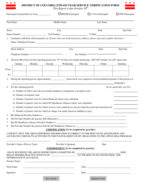 District of Columbia End-Of-Year Service Verification Form - Washington, D.C.