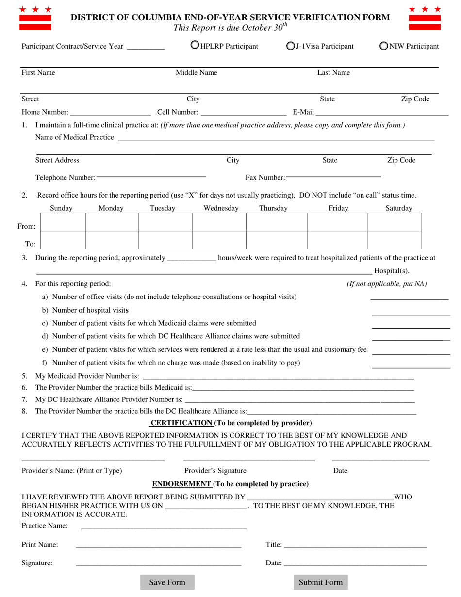 District of Columbia End-Of-Year Service Verification Form - Washington, D.C., Page 1