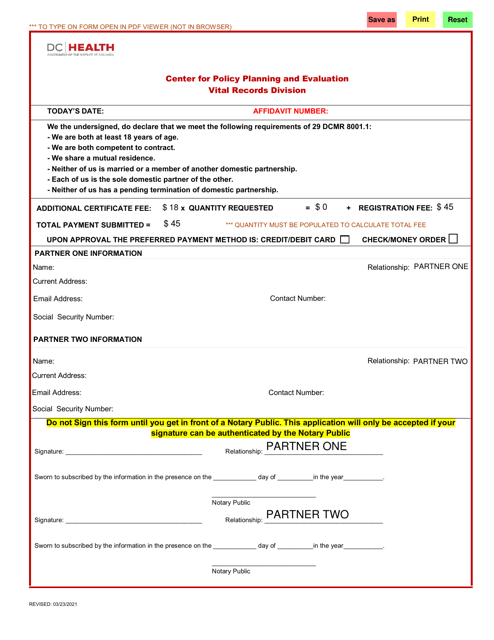 Domestic Partnership Registration Application - Washington, D.C. Download Pdf