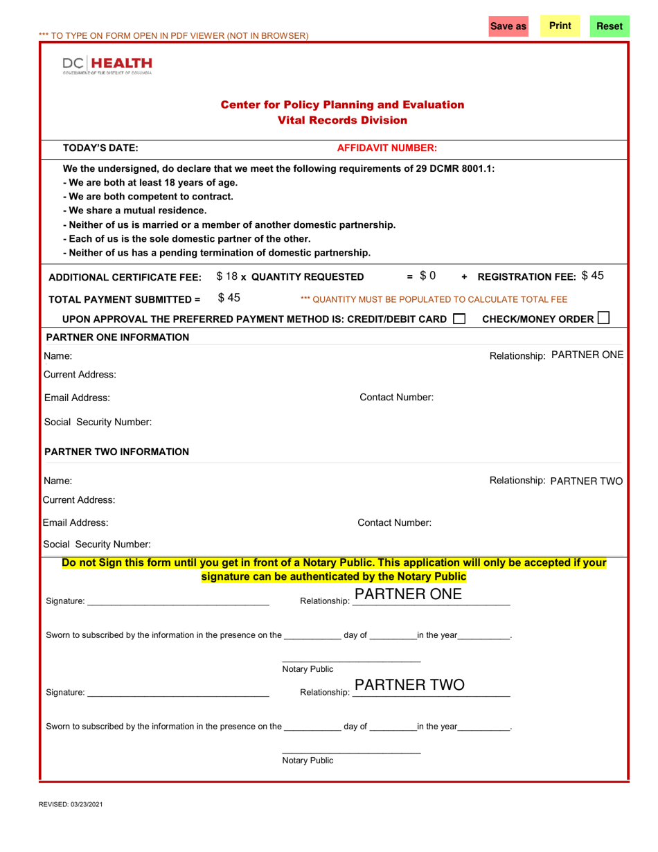 Domestic Partnership Registration Application - Washington, D.C., Page 1