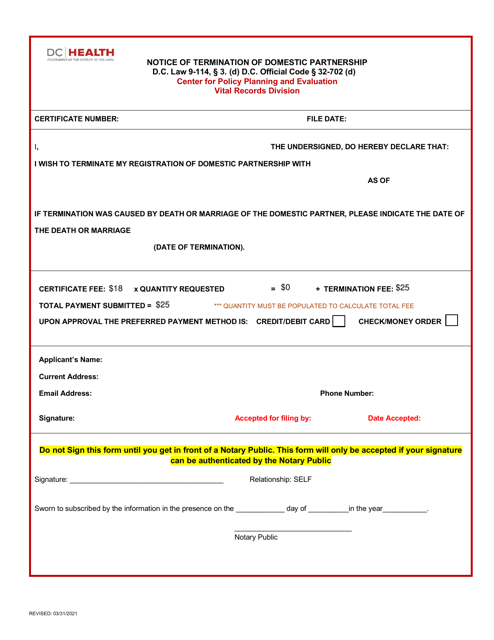 Notice of Termination of Domestic Partnership - Washington, D.C. Download Pdf