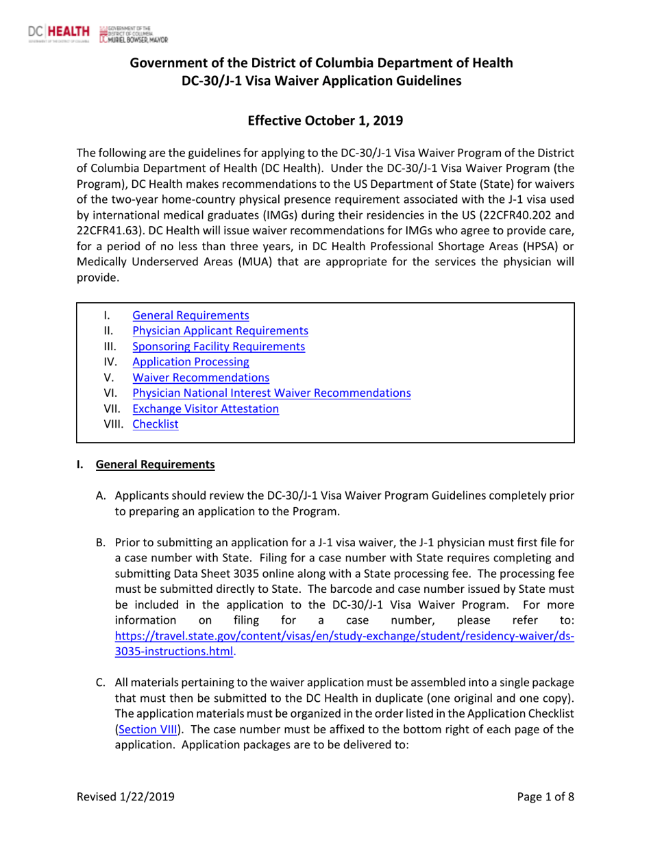 Dc-30 / J-1 Visa Waiver Application Guidelines - Washington, D.C., Page 1