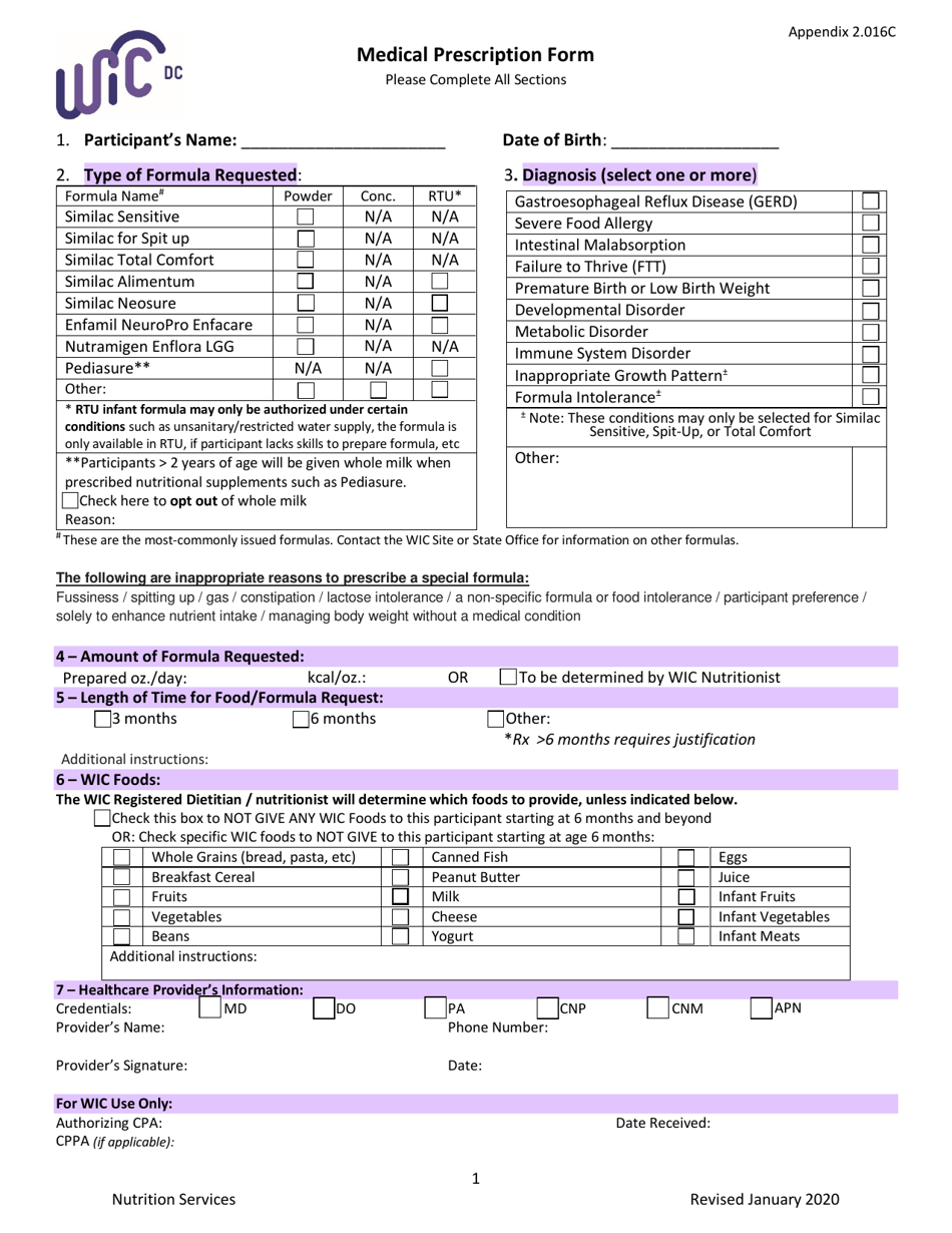 Appendix 2.016C Medical Prescription Form - Washington, D.C., Page 1