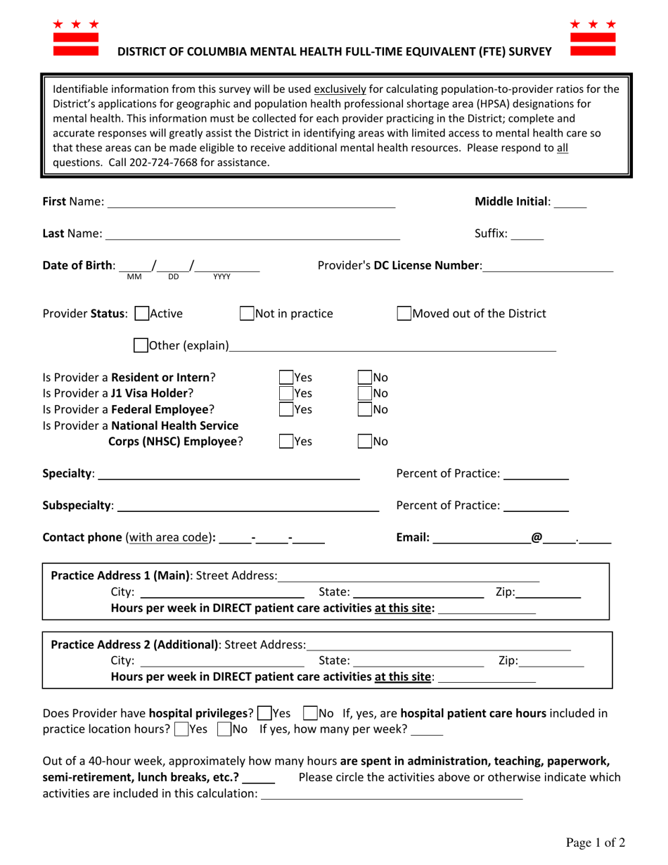 District of Columbia Mental Health Full-time Equivalent (Fte) Survey - Washington, D.C., Page 1