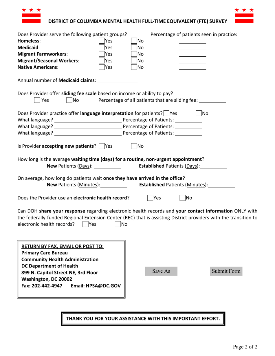 District of Columbia Mental Health Full-time Equivalent (Fte) Survey - Washington, D.C., Page 2