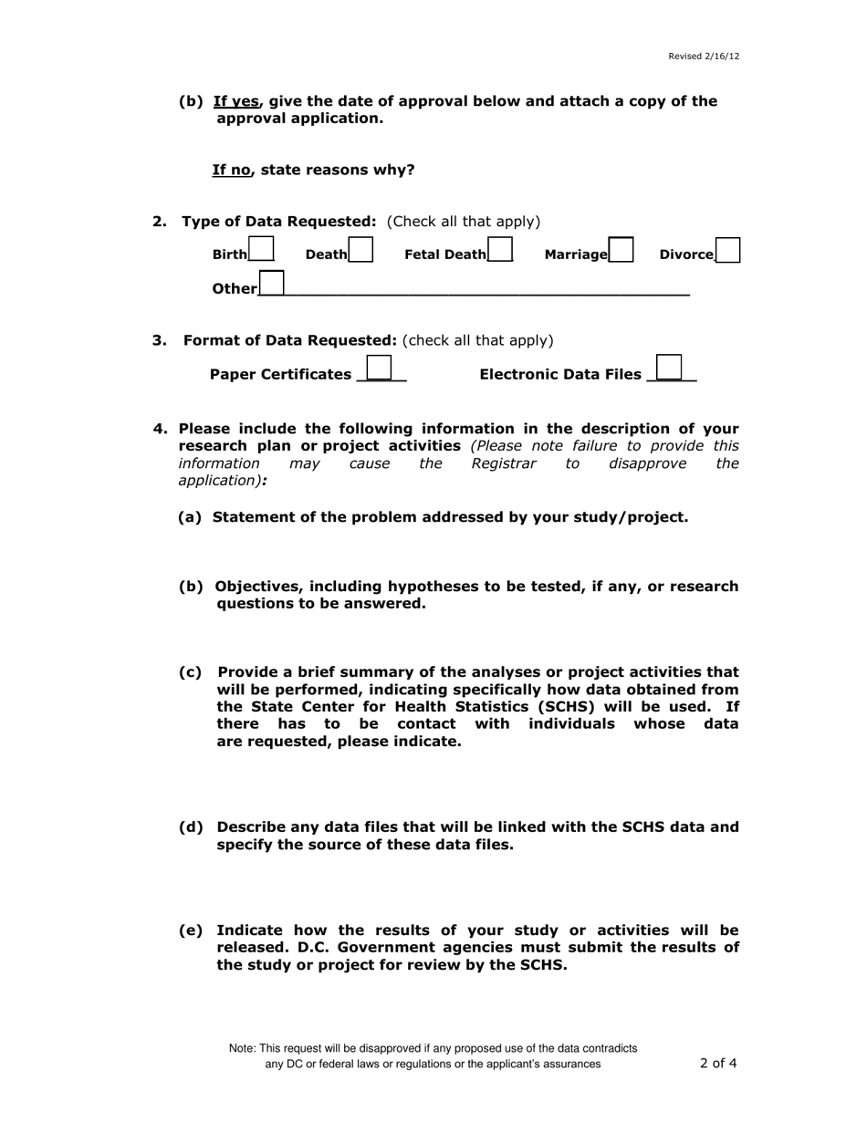 Request for Use of Data With Identifiers and Statement of Assurances - Washington, D.C., Page 2