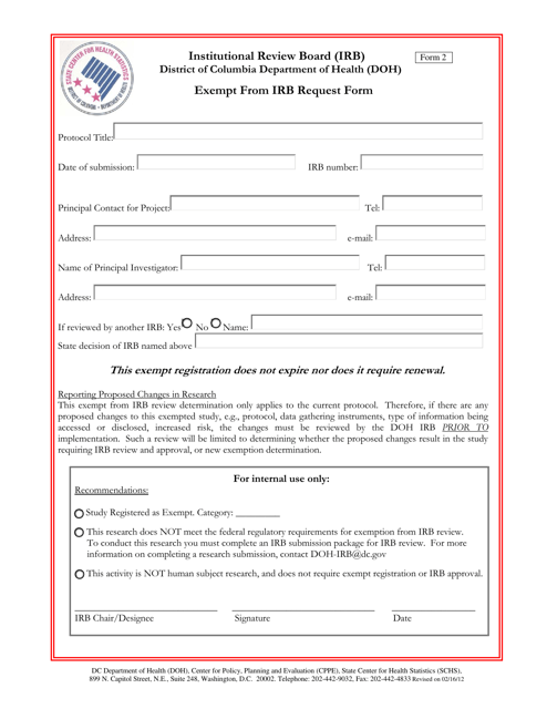 Form 2 Exempt From Irb Request Form - Washington, D.C.