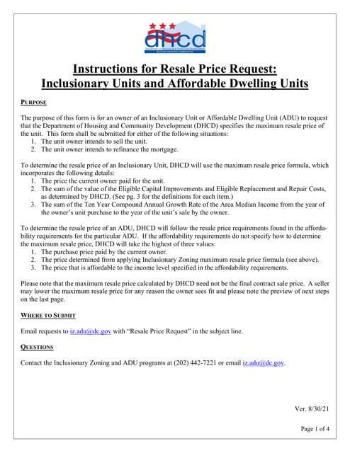 Inclusionary Unit and Affordable Dwelling Unit Resale Price Request - Washington, D.C. Download Pdf
