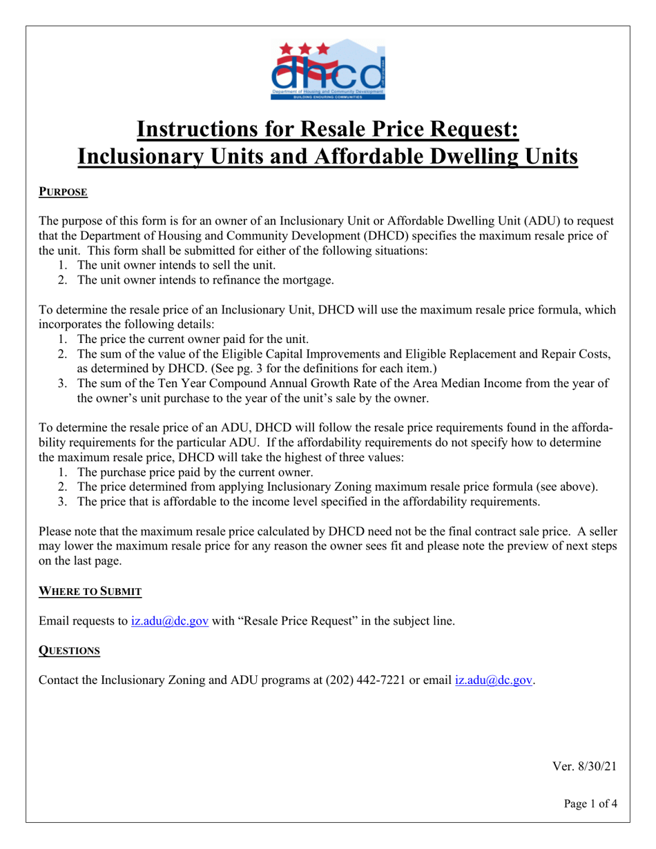 Inclusionary Unit and Affordable Dwelling Unit Resale Price Request - Washington, D.C., Page 1