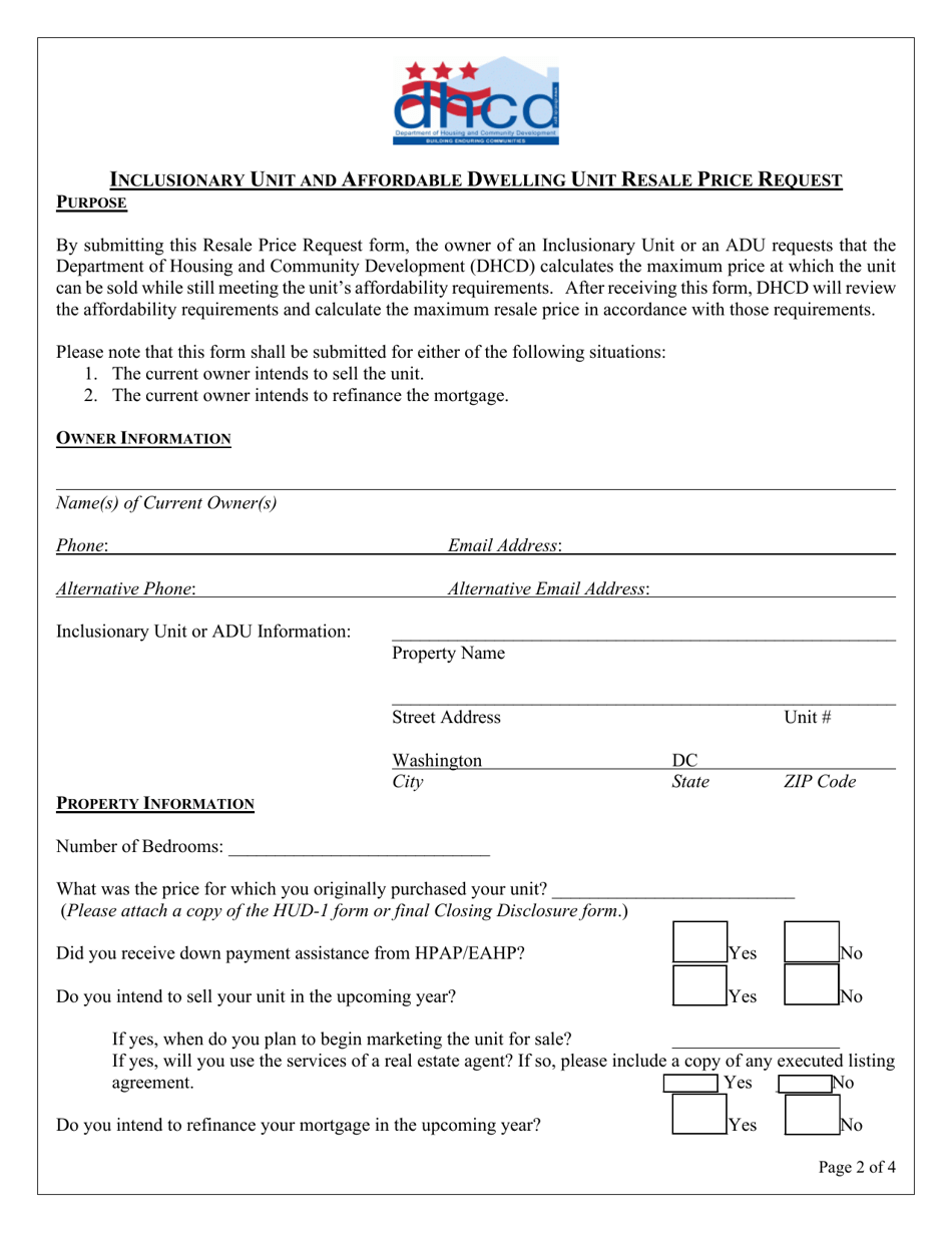 Inclusionary Unit and Affordable Dwelling Unit Resale Price Request - Washington, D.C., Page 2