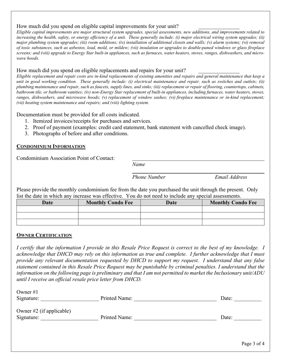 Inclusionary Unit and Affordable Dwelling Unit Resale Price Request - Washington, D.C., Page 3