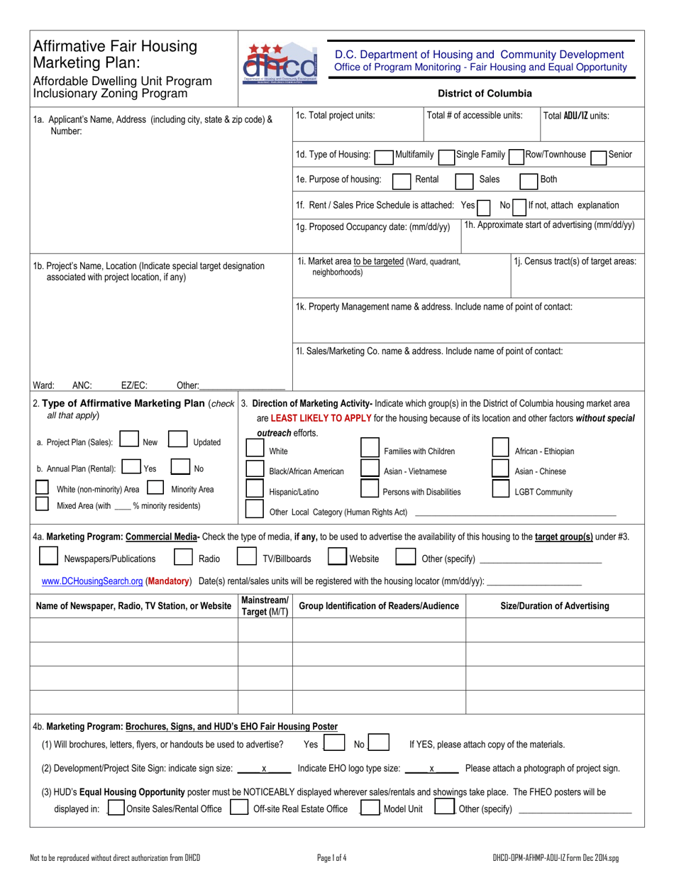 Washington, D.C. Affirmative Fair Housing Marketing Plan Affordable