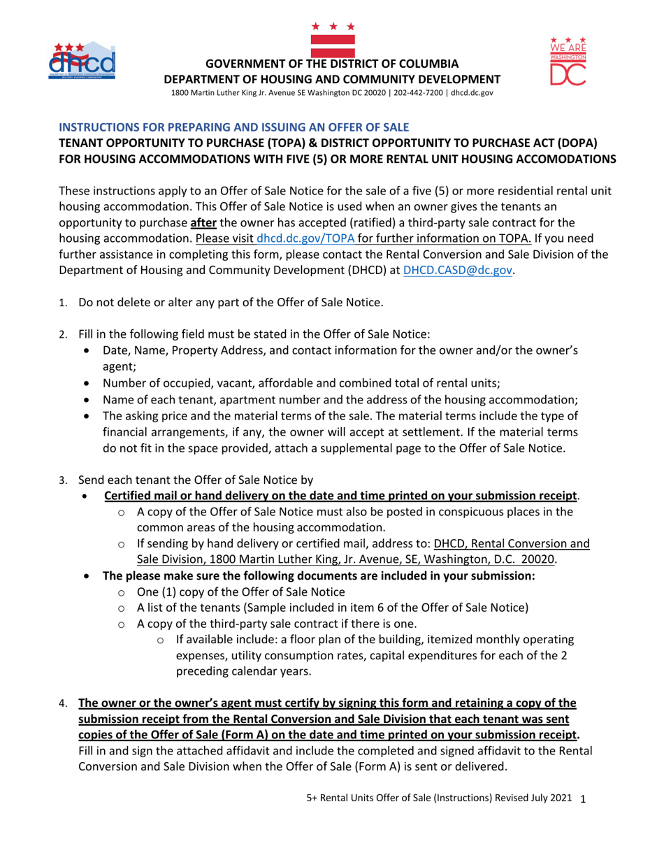 Form A Offer of Sale: Tenant Opportunity to Purchase (Topa) and District Opportunity to Purchase Act (Dopa) for Housing Accommodations With Five (5) or More Rental Units - Washington, D.C., Page 1