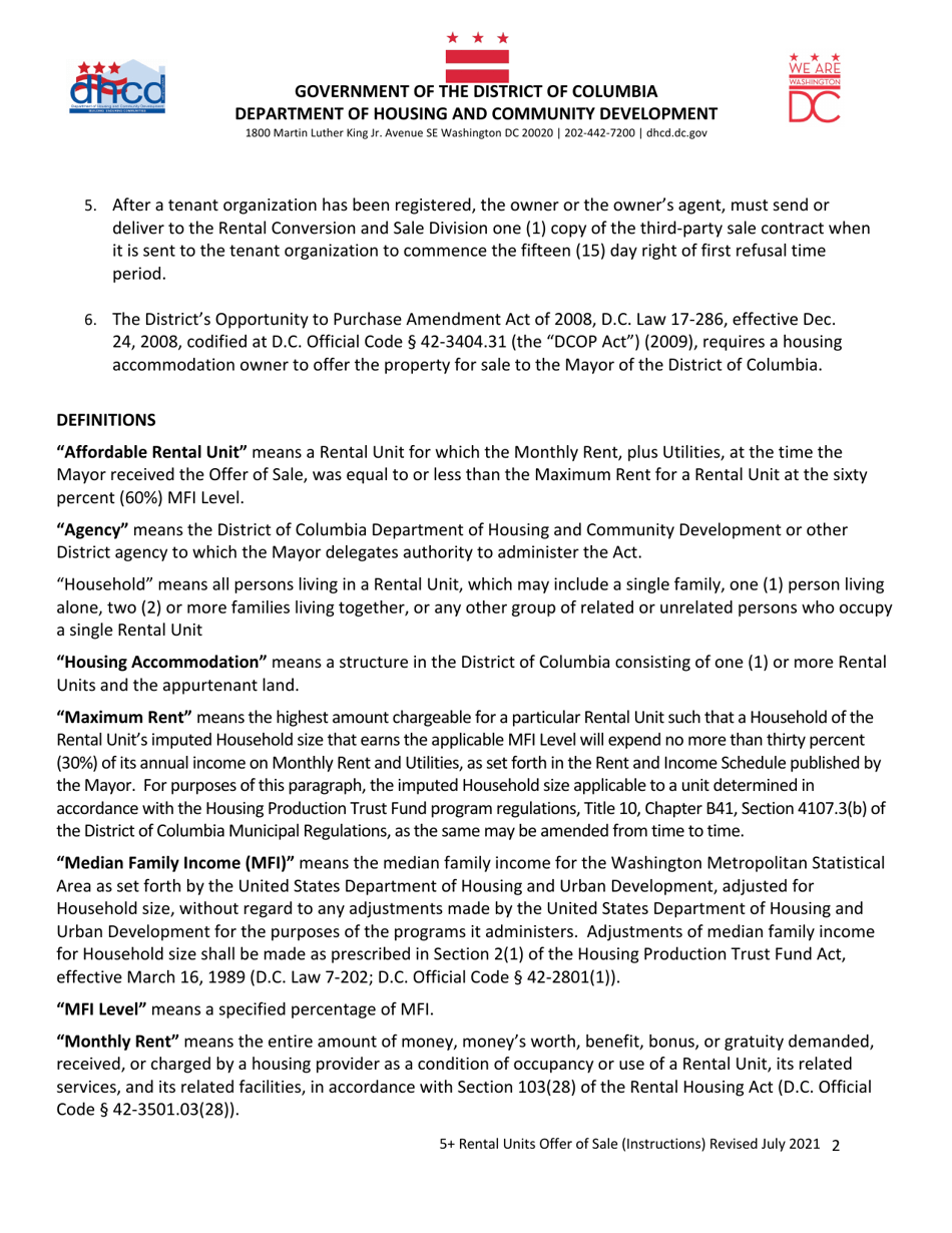 Form A Offer of Sale: Tenant Opportunity to Purchase (Topa) and District Opportunity to Purchase Act (Dopa) for Housing Accommodations With Five (5) or More Rental Units - Washington, D.C., Page 2