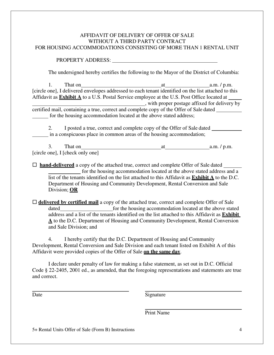 Form B Offer of Sale  Tenant Opportunity to Purchase Without a Third Party Sale Contract for Housing Accommodations With Five (5) or More Rental Units - Washington, D.C., Page 4
