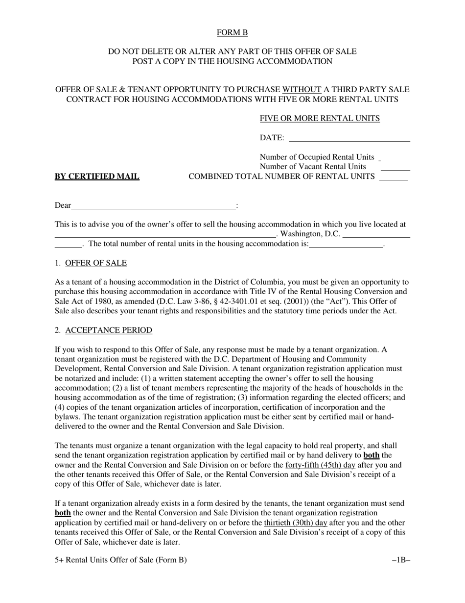Form B Offer of Sale  Tenant Opportunity to Purchase Without a Third Party Sale Contract for Housing Accommodations With Five (5) or More Rental Units - Washington, D.C., Page 5