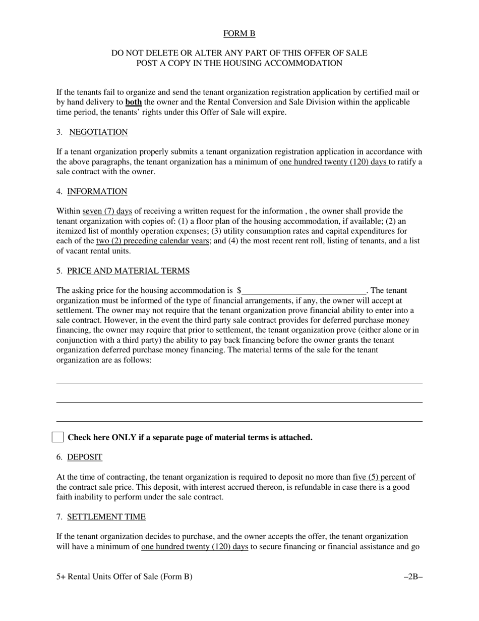 Form B Offer of Sale  Tenant Opportunity to Purchase Without a Third Party Sale Contract for Housing Accommodations With Five (5) or More Rental Units - Washington, D.C., Page 6