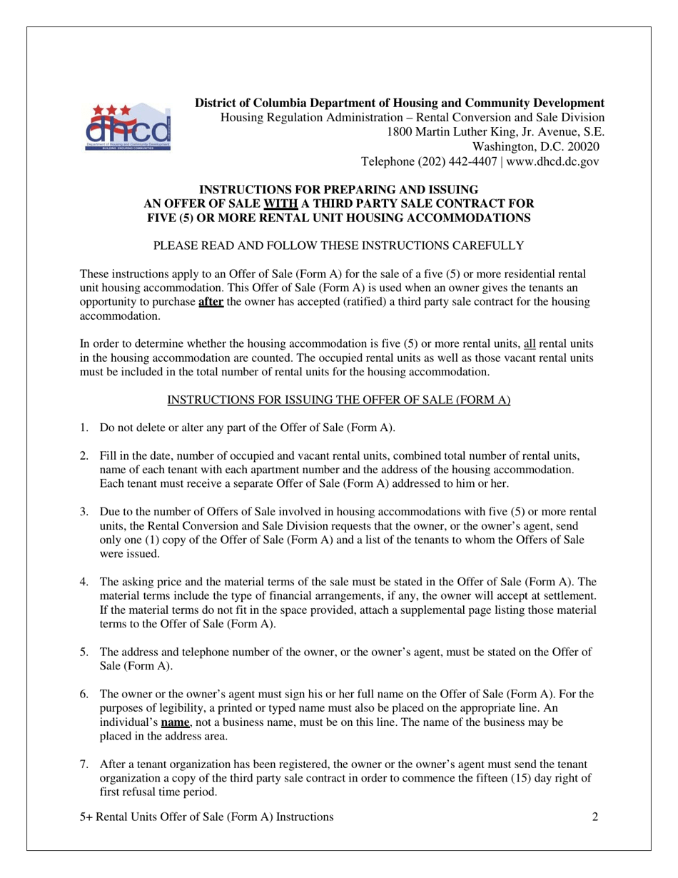 Form A Offer of Sale  Tenant Opportunity to Purchase With a Third Party Sale Contract for Housing Accommodations With Five (5) or More Rental Units - Washington, D.C., Page 2