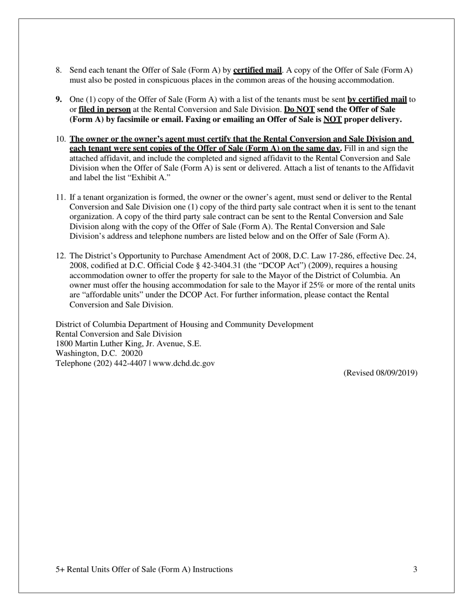 Form A Offer of Sale  Tenant Opportunity to Purchase With a Third Party Sale Contract for Housing Accommodations With Five (5) or More Rental Units - Washington, D.C., Page 3