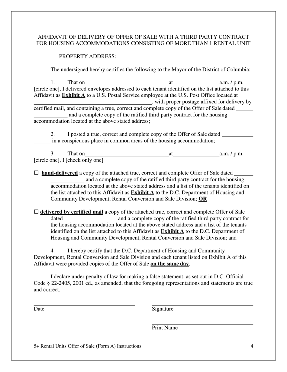 Form A Offer of Sale  Tenant Opportunity to Purchase With a Third Party Sale Contract for Housing Accommodations With Five (5) or More Rental Units - Washington, D.C., Page 4