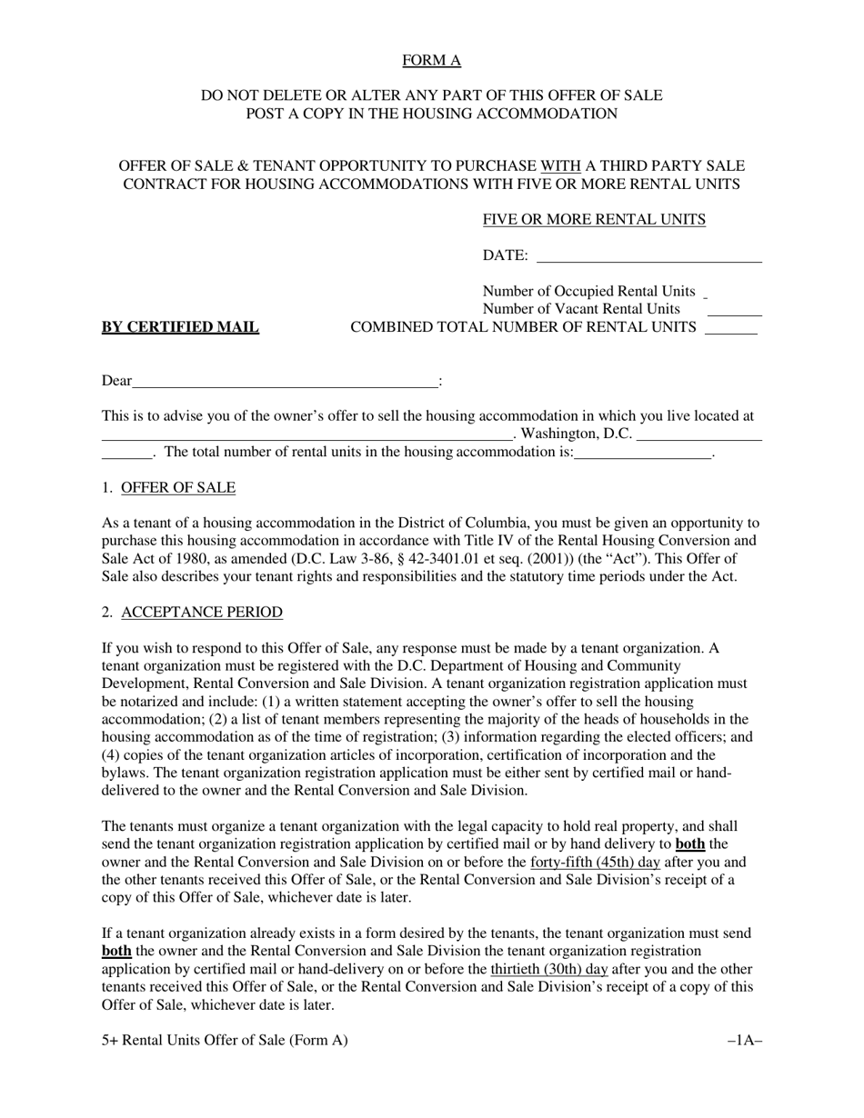 Form A Offer of Sale  Tenant Opportunity to Purchase With a Third Party Sale Contract for Housing Accommodations With Five (5) or More Rental Units - Washington, D.C., Page 5