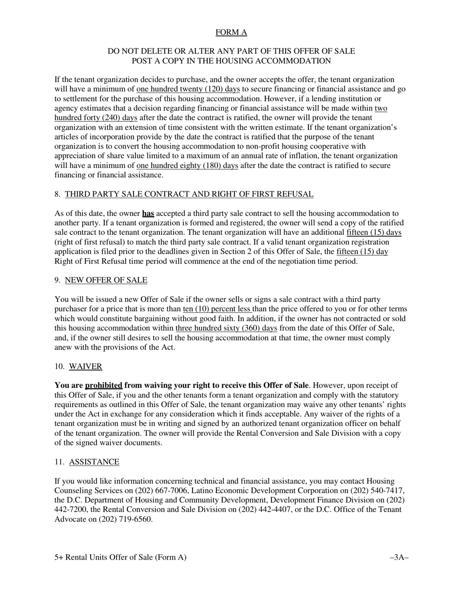 Form A Offer of Sale  Tenant Opportunity to Purchase With a Third Party Sale Contract for Housing Accommodations With Five (5) or More Rental Units - Washington, D.C., Page 7